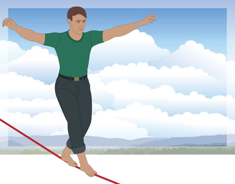 tightrope walking, male walker balancing on a rope suspended high above the ground with clouds and blue sky in the background
