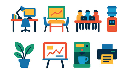 Flat vector icons of workplace environment: office desk, meeting room, coworking space, break area, office plant, whiteboard, coffee machine, printer.
