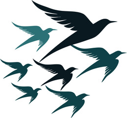 Flying bird silhouettes, a vector set illustrating diverse wild birds in flight against nature's sky