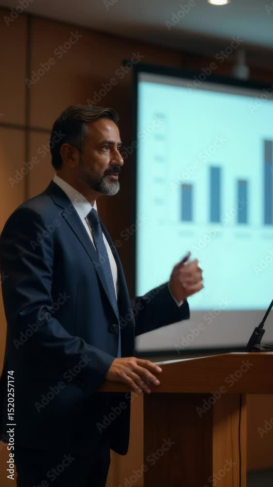 Poster a man stands at a podium addressing an audience with a projector screen behind him