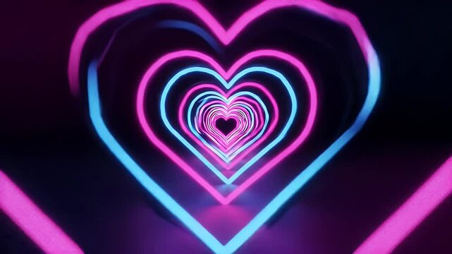 A loopable, seamless 3D animation of a glowing neon heart tunnel made of geometric, concentric heart shapes in vibrant pink and electric blue neon colors.