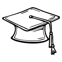 Hand drawn black and white sketch of traditional graduation cap with tassel isolated on transparent background, ideal for academic and celebratory design use. Vector art