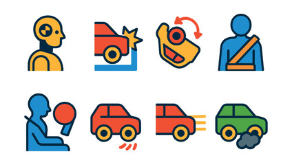Fototapeta premium Flat vector icons of automotive safety tests: crash test dummy, impact test, rollover test, seatbelt test, airbag deployment, brake test, headlight test, emissions test.