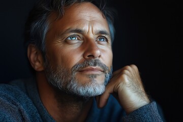 Thoughtful and Pensive Male Model Portrait Artistic Photography of a Bearded Man Gazing with Introspection and Serene Facial Expression in Soft Natural Light