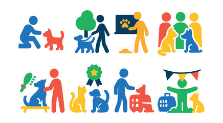 Flat vector icons of pet socializing events: playdate, dog park, training class, pet meetup, grooming party, pet show, adoption event, pet festival.