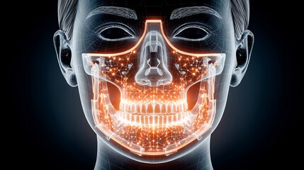 32 year old woman post bimaxillary osteotomy with a filigree etching cutaway showing glowing depiction of corrected occlusion and midface symmetry