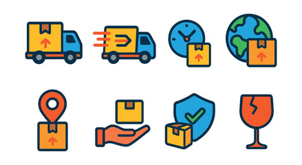 Flat vector icons of shipping methods: standard delivery, express delivery, same-day delivery, international shipping, pickup point, drop shipping, shipping insurance, fragile item.