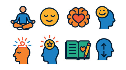 Flat vector icons of mental well-being: meditation pose, calm face, brain with heart, positive thoughts, stress relief, mindfulness, gratitude journal, breathing exercise.