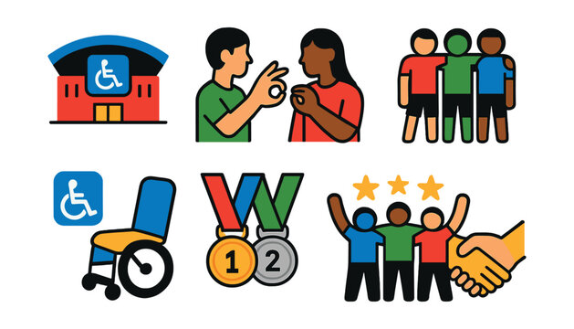 Flat vector icons of inclusion in sports events: accessible stadium, sign language interpreter, adaptive sports, inclusive teams, accessible seating, diversity medals, celebration, fair play.