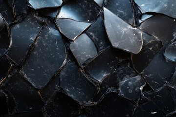 Abstract Geometric Pattern of Shiny Black Broken Glass Shards with Modern Textured Design