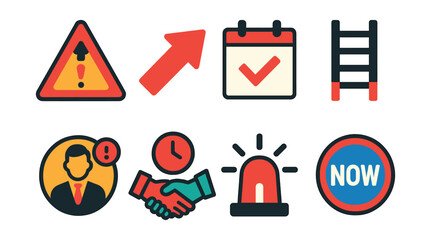 Flat vector icons of urgent workflow and escalation: escalated issue icon, urgency arrow, red calendar check, escalation ladder, boss alert badge, emergency deadline handoff, critical task light,