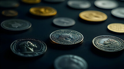 Closeup Of Various Coins On Dark Background