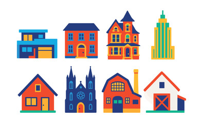 Fototapeta premium Flat vector icons of architectural styles: modern house, colonial building, victorian mansion, art deco skyscraper, minimalist cabin, gothic cathedral, industrial loft, farmhouse.