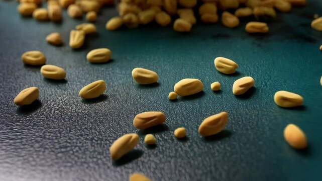 Close up shot of a mound of fenugreek seeds on a textured teal background, with an overflowing bowl of powdered spice.