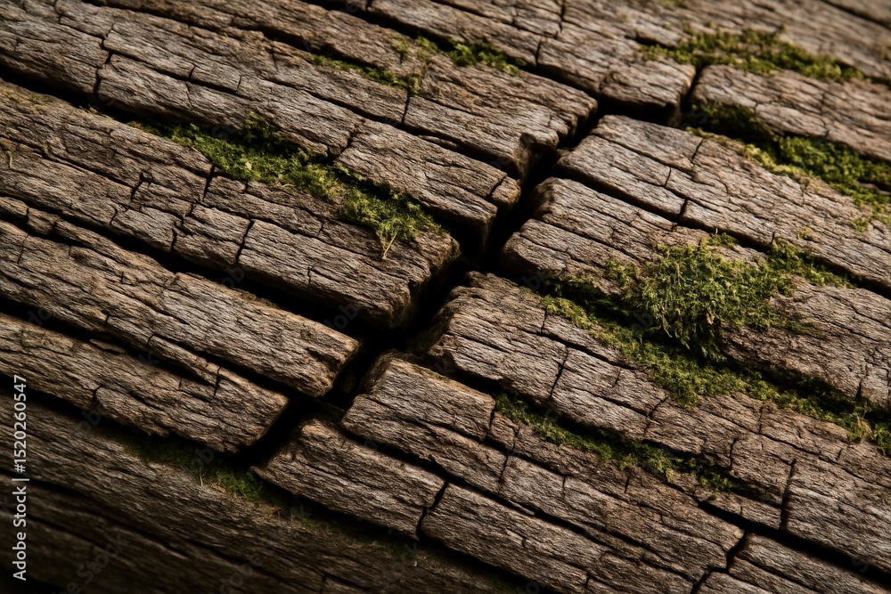 Poster close-up view of tree bark with visible moss growth.