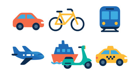 Flat vector icons of transportation modes: car, bicycle, bus, train, airplane, ferry, scooter, taxi.