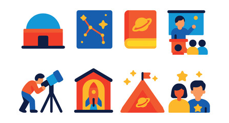 Flat vector icons of astronomy education: planetarium, star chart, astronomy book, lecture, telescope observation, space museum, space camp, astronomy club.