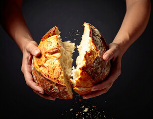 両手でパンを割る様子