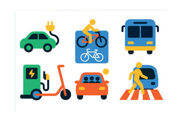 Flat vector icons of sustainable transport: electric car, bike lane, bus, scooter, charging station, carpool, pedestrian crossing, train.
