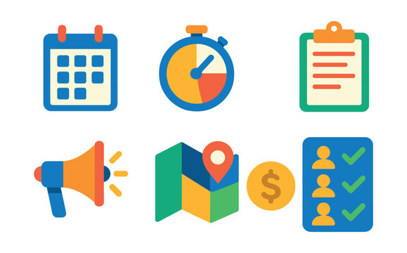 Flat vector icons of event planning tools: calendar, checklist, timer, clipboard, megaphone, map, budget, RSVP list.