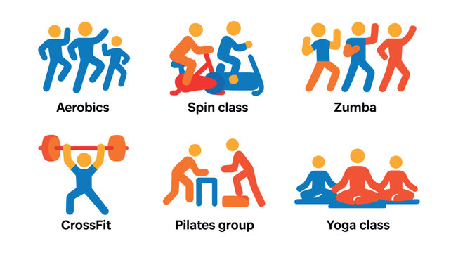 Flat vector icons of group fitness: aerobics class, spin class, boot camp, Zumba, CrossFit, circuit training, Pilates group, yoga class.