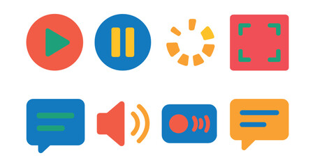 Fototapeta premium Flat vector icons of video streaming: play button, pause button, buffering, fullscreen, subtitles, volume, live stream, chat window.