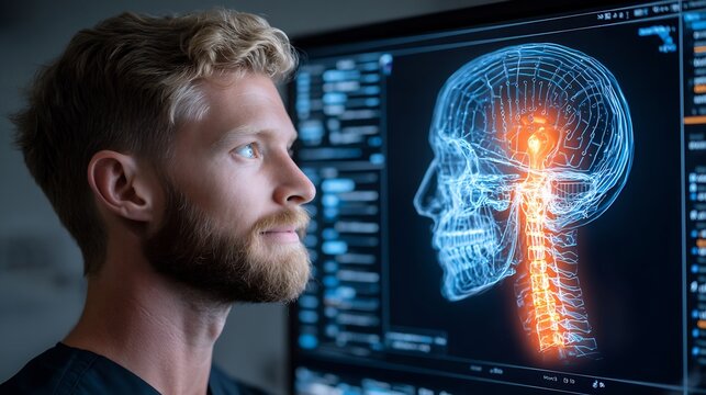35 year old male in a CBCT lab with a 3D print model cutaway illustrating a glowing depiction of zygomatic implant trajectory