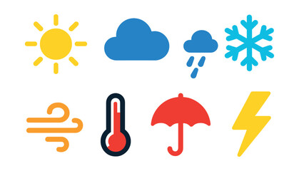 Flat vector icons of travel weather and climate: sun, cloud, rain, snowflake, wind, thermometer, umbrella, lightning.
