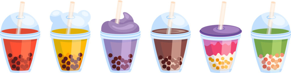 Bubble tea drinks cartoon vector illustration set. 