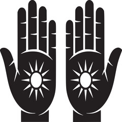 Two black hands with sun symbols on palms in a symmetrical design against a white background space