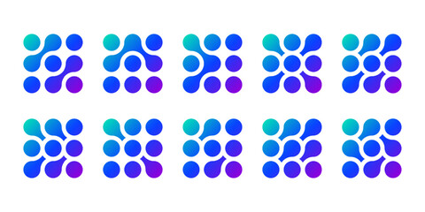 Metaball neuron logo, molecule and atom circle stucture concept. Neuron links in brain liquid blobs and nucleus medical pattern. Artificial fluid shape integrated into organic forms. Wavy energy line