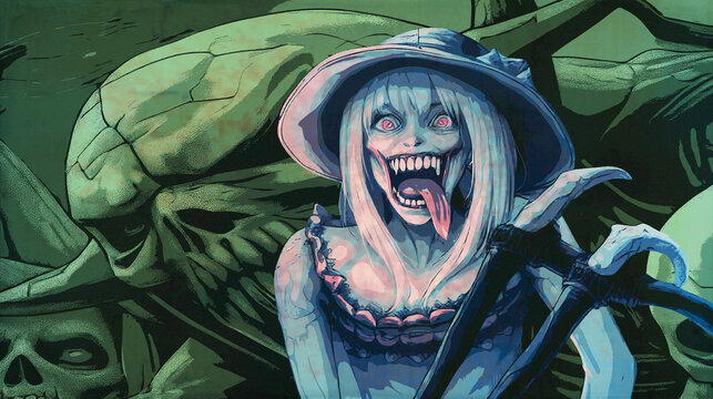 Illustration of a scary but also funny young witch. A horror-themed digital composition in blue and green tones.