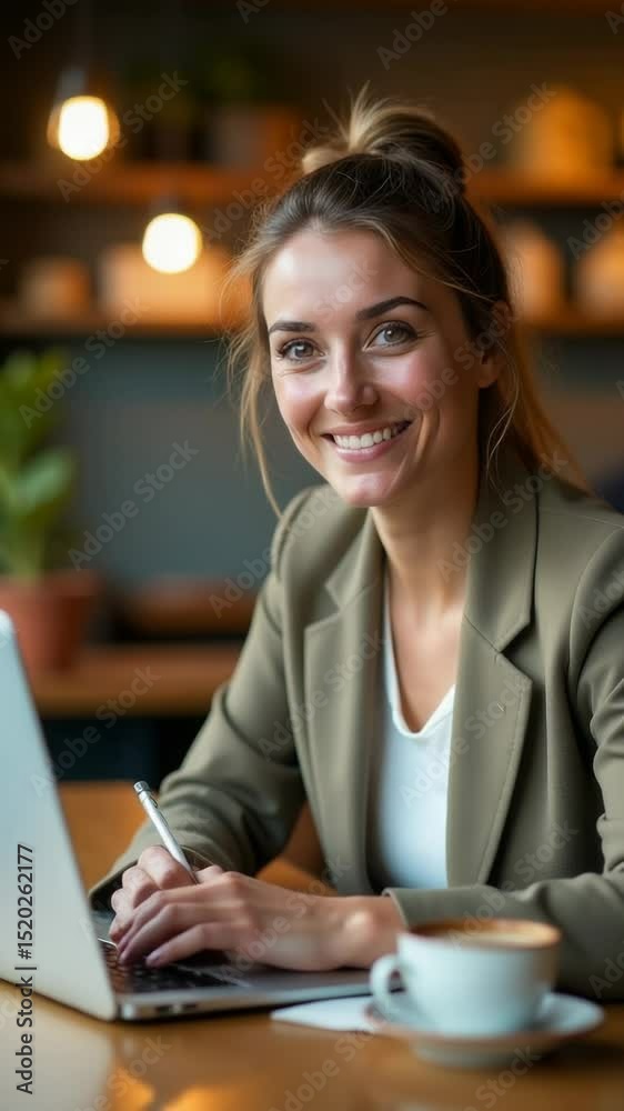 Poster a woman sitting at a table using a laptop computer, idea or work in progress
