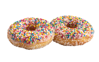 Delicious frosted donuts covered with vibrant rainbow sprinkles great for kids and events isolated on transparent background PNG