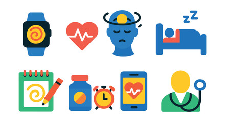 Flat vector icons of dizziness symptoms monitoring: wearable tracker, heart rate monitor, balance sensor, sleep tracker, symptom diary, medication reminder, health app, doctor visit.