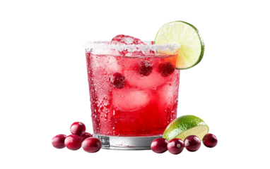 Chilled cranberry margarita with frosty texture and salted edge ideal for festive gatherings isolated on transparent background PNG