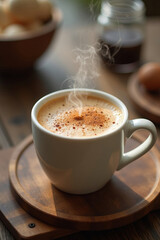 Steaming cappuccino with cinnamon in a white mug on a wooden tray. Morning light. Ideal for coffee branding mockup or menu design
