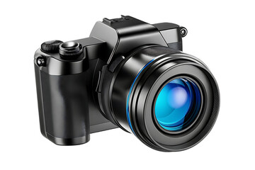  a black camera with a blue lens isolated on white background PNG