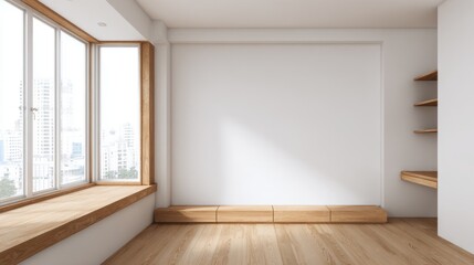 Minimalist wooden office corner with clean lines and natural light, embodying modern simplicity and open space harmony.