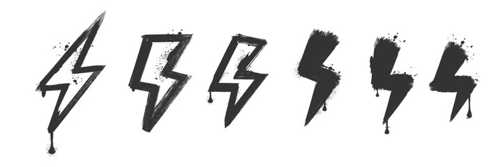 Spray paint graffiti element set of ENERGY Lightning bolt with grungy texture. Grunge ink graphic symbols of flash, danger, energy and thunder isolated on white background for printing on t shirt