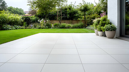 Modern Outdoor Patio With White Tiles And Lush Green Grass