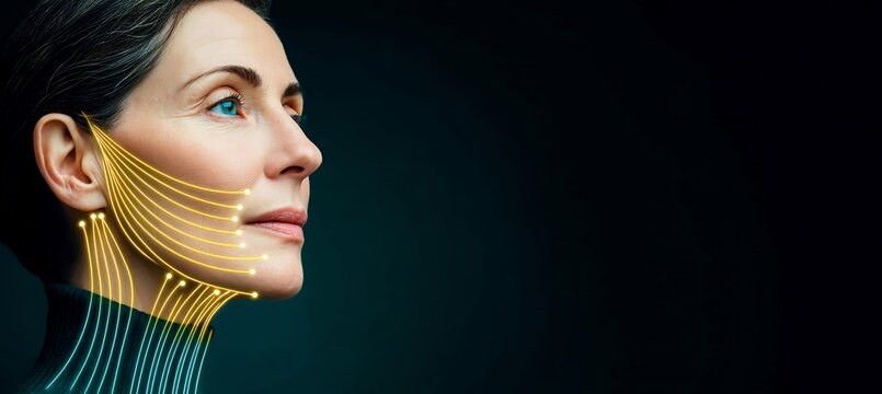 39 year old female in a facial thread lift session with a schematic cutaway showing a glowing depiction of PDO thread vectors under the jawline