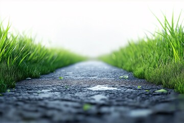 Peaceful Rural Road Pathway with Morning Mist and Lush Green Grass. Tranquil Nature Landscape Scene