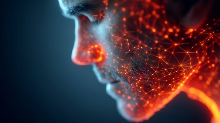 39 year old male recovering from lower lip reconstruction with a neon wireframe overlay showing glowing depiction of vermilion border continuity