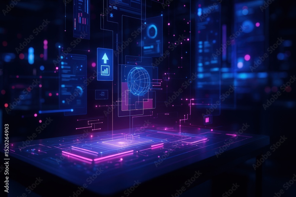 Aufkleber futuristic computer lab with table displaying holographic screens and digital interfaces.