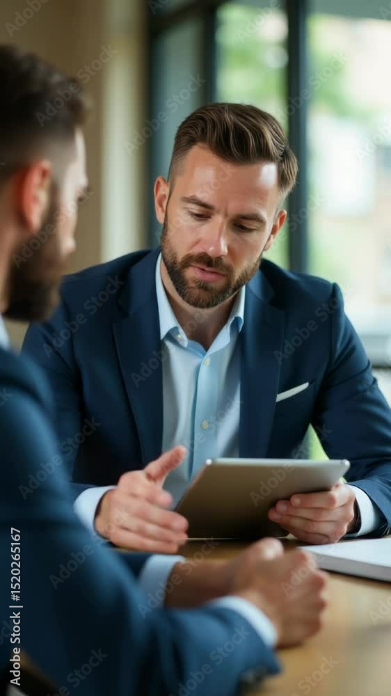Poster two individuals examining digital content on a tablet computer