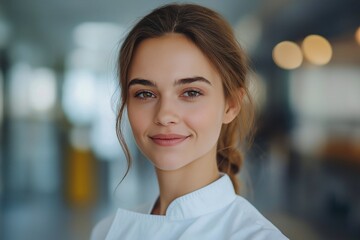 Obraz premium Joyful Woman Chef Portrait in Professional Chef Coat - Emerging Talent in Culinary Arts and Hospitality Industry Success
