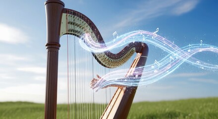 Obraz premium A wooden harp with glowing musical notes floating from the strings against a backdrop of a sunny sky and green field evoking melody and artistry.