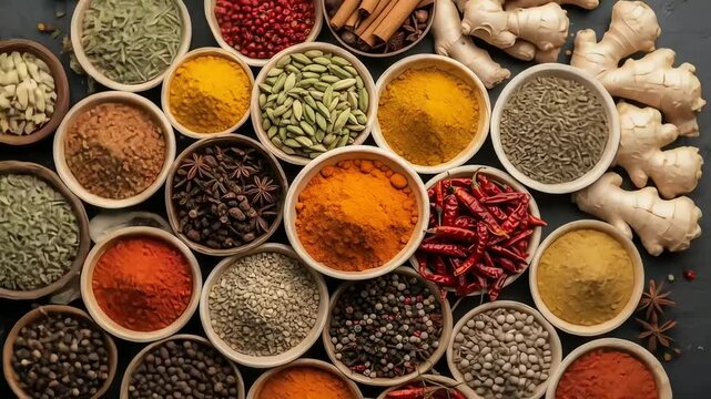 Overhead view of numerous small white bowls filled with a wide variety of colorful dried spices and herbs, including whole and ground forms, arranged closely together on a dark surface