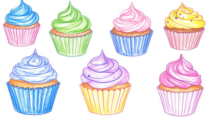 Colorful Cupcakes Illustration with Whipped Cream